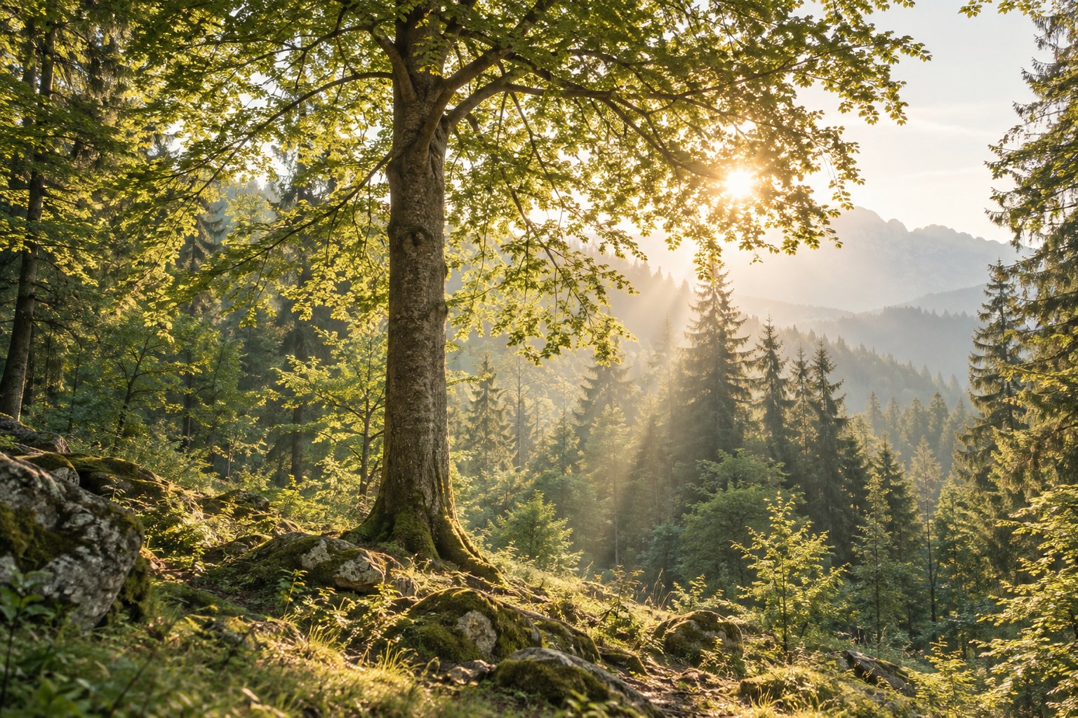 Aufrechter Baum im sanften Licht eines Waldes – Symbolbild